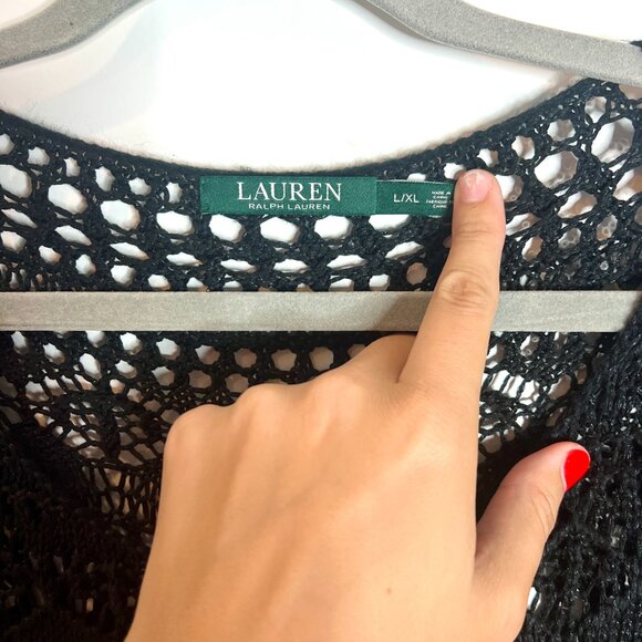 Lauren Ralph Lauren Black Crochet Open Knit Boho Tassel Dolman Sleeves Size L/XL - Picture 2 of 5